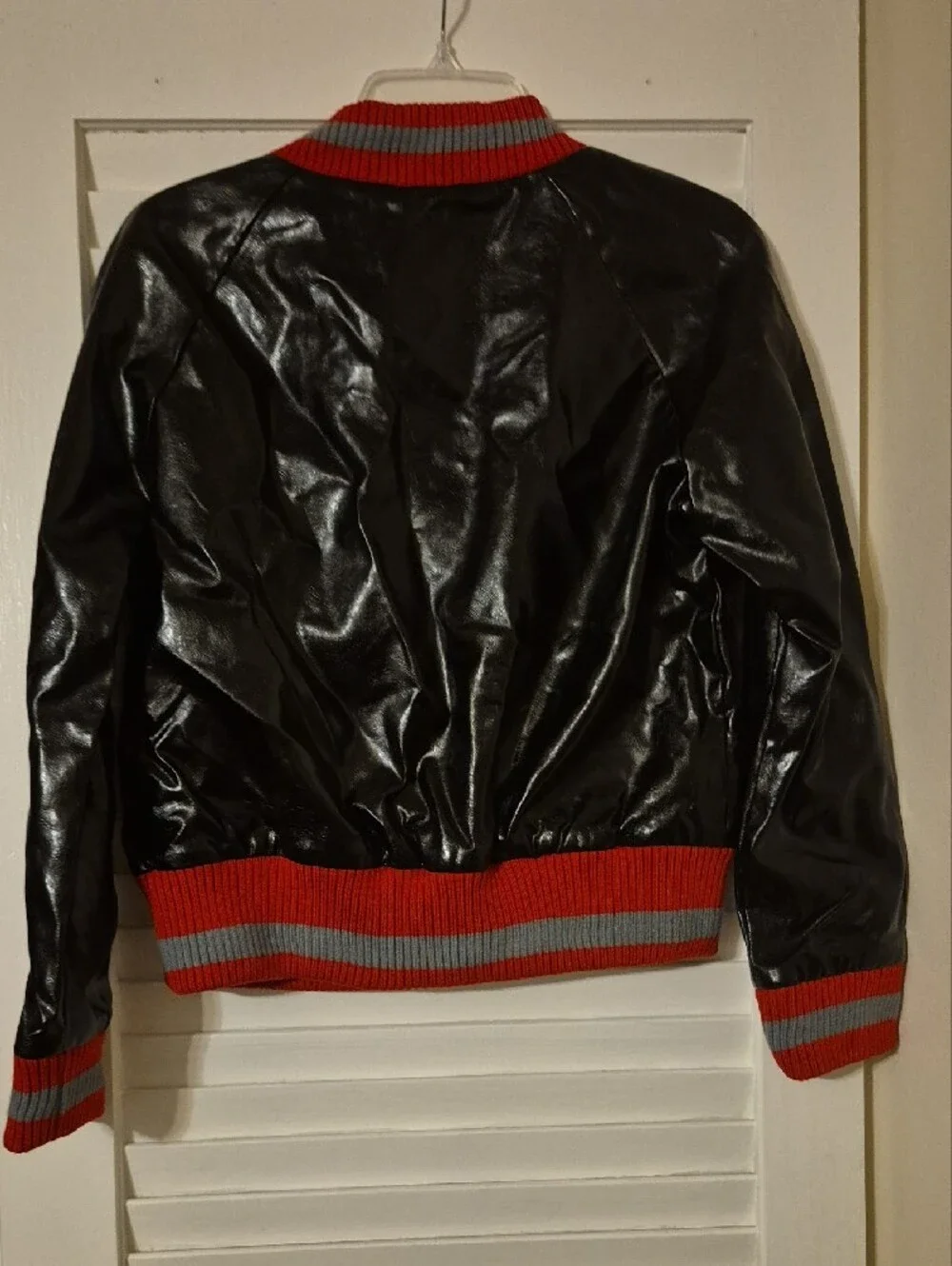 Kids Black Faux Leather Bomber Jacket with Red Trim